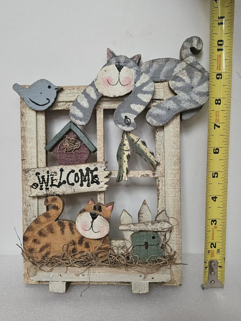 Welcome Cat Window Wall Decor in Gray, Cream, and Brown